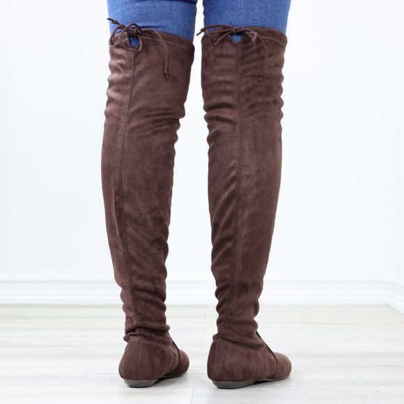 Brown Thigh High Over The Knee Flat Boots Faux Suede - Picture 7 of 13